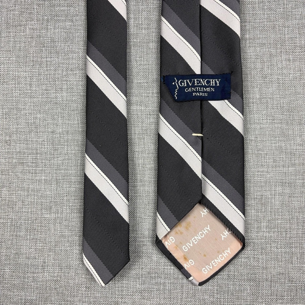 Vintage Givenchy Paris Tie Mens One Size Gray Striped Designer Skinny Woven - Picture 1 of 7